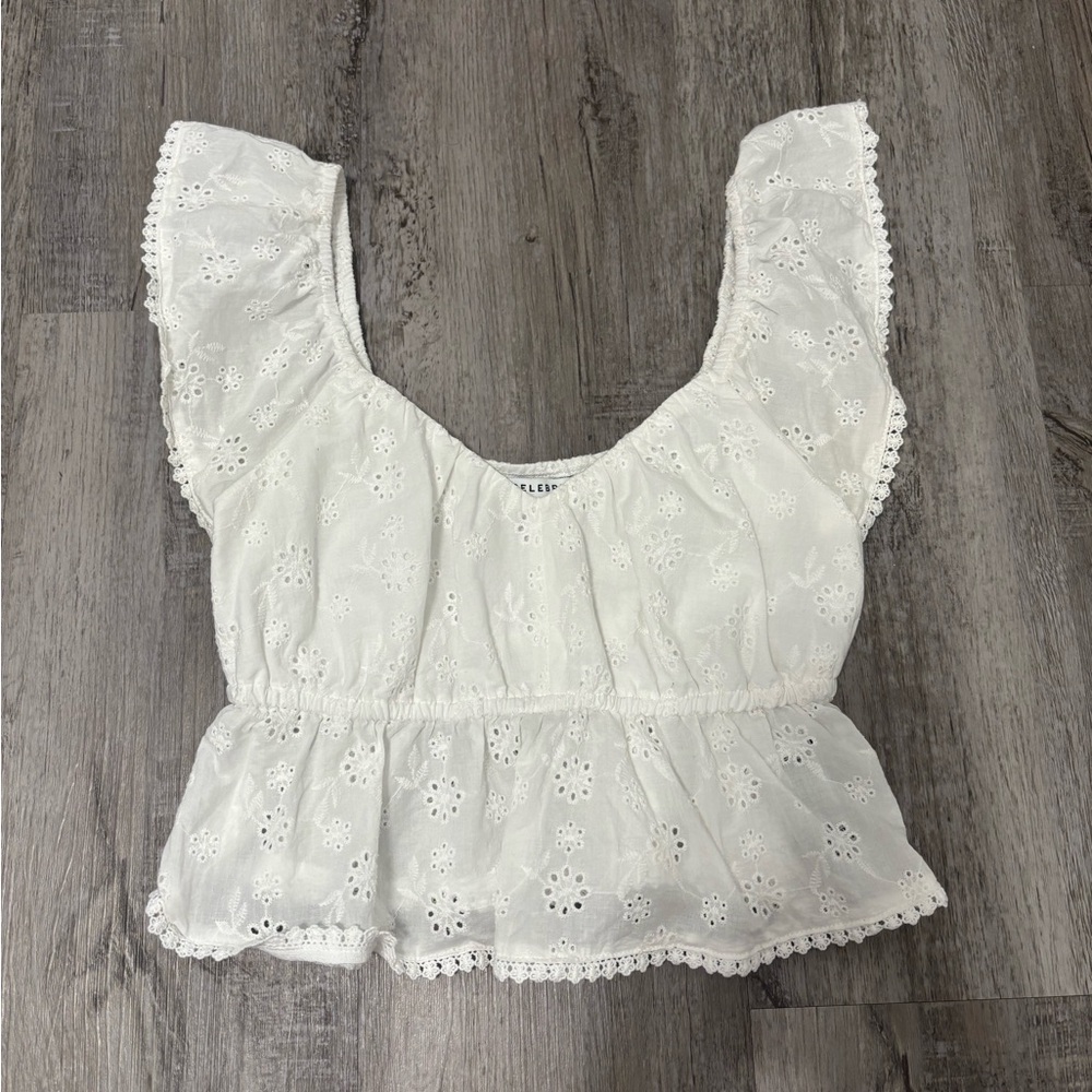 Celebrity Pink White Eyelet Blouse with Ruffle Sleeves
